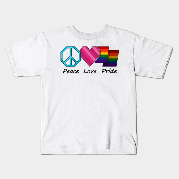 Peace, Love, and Pride design in LGBT Rainbow pride flag colors Kids T-Shirt by LiveLoudGraphics